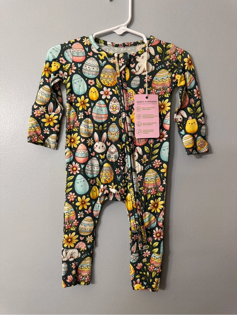 Baby One-Piece Bamboo Zipper Romper - Easter Egg & Floral Print (Black)